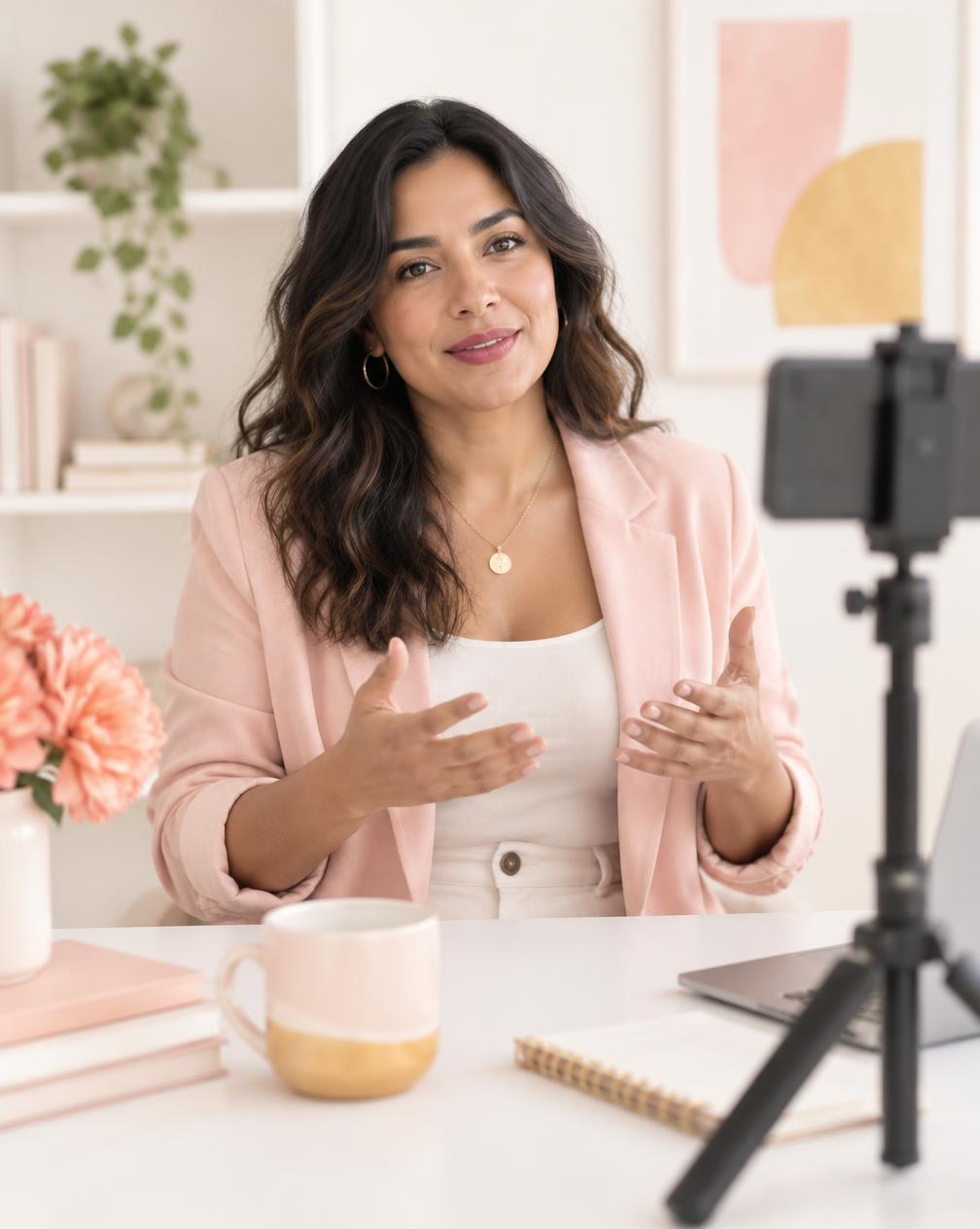 Emprendedora hablando frente a la cámara de su teléfono en un estudio luminoso