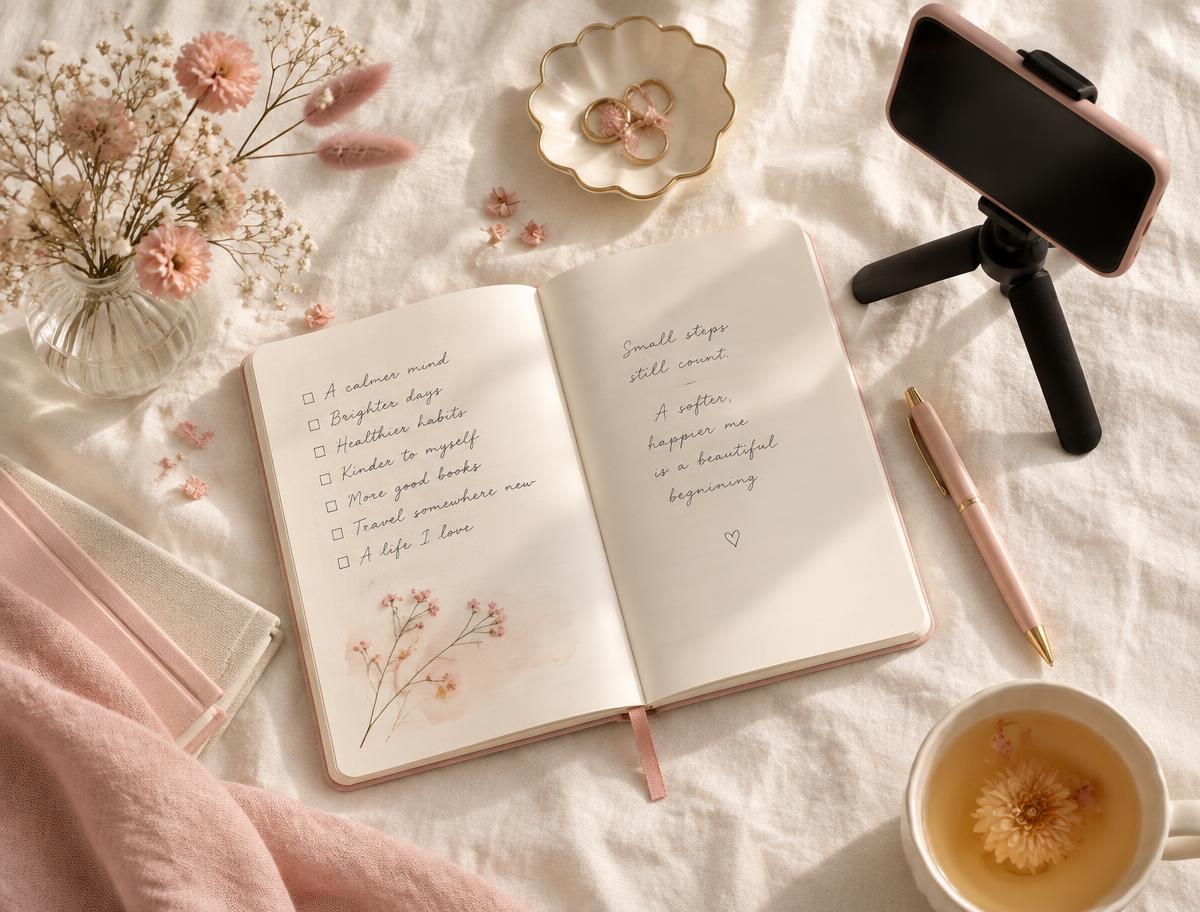 Cuaderno con ideas, teléfono en trípode y flores sobre lino color marfil