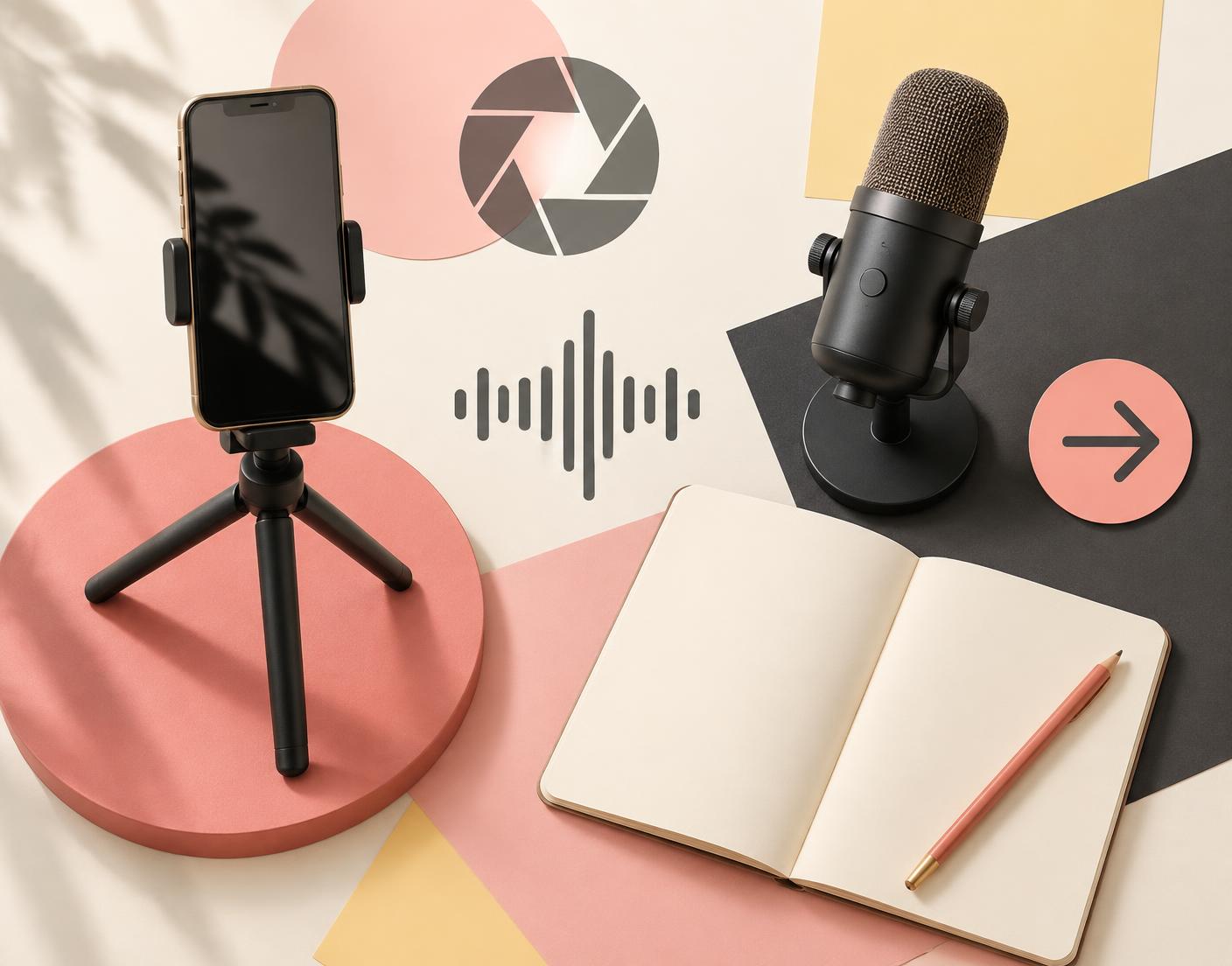 Composición editorial sobre voz, cámara y creación de contenido