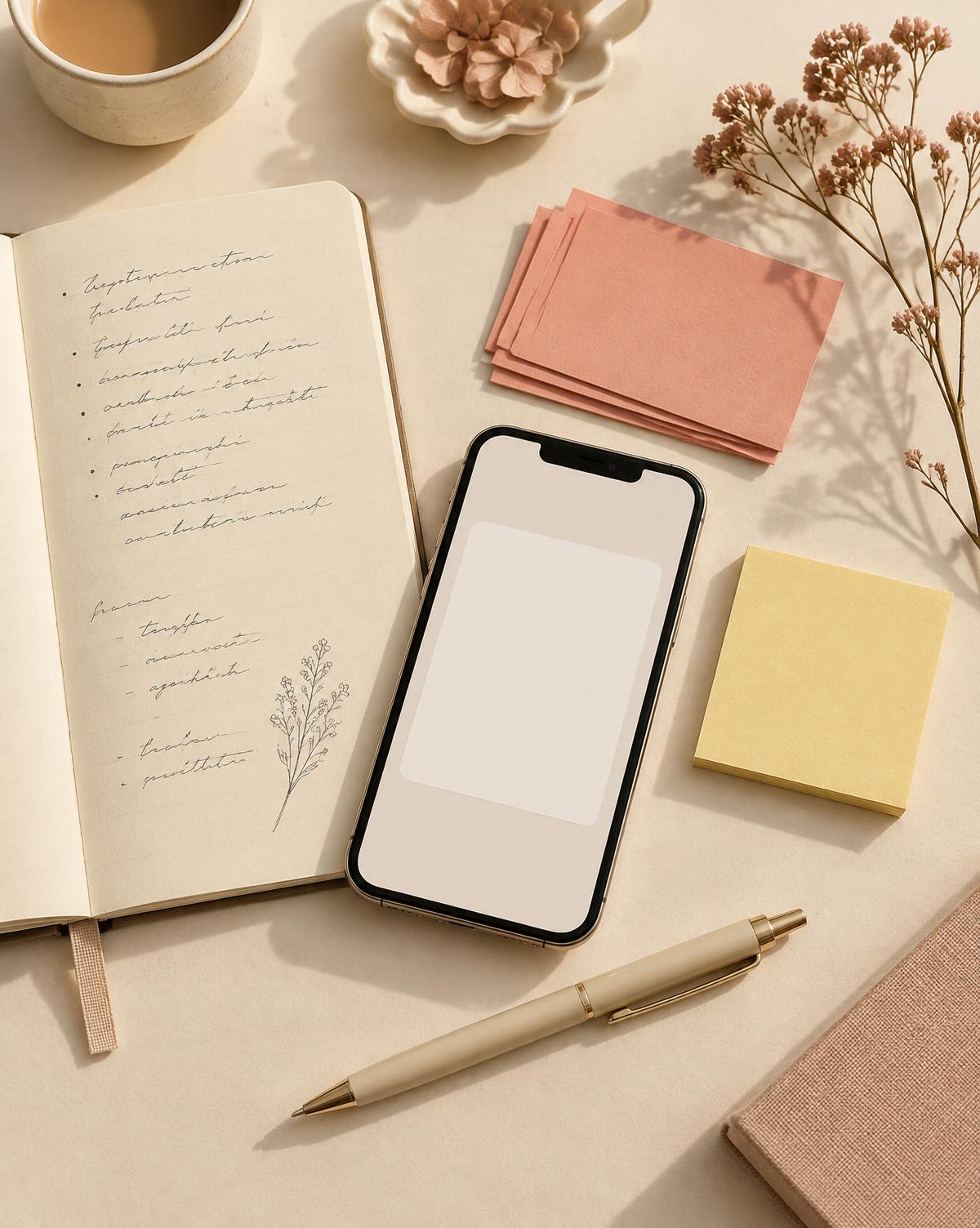 Escritorio creativo con libreta, teléfono y tarjetas de ideas en tonos crema y coral